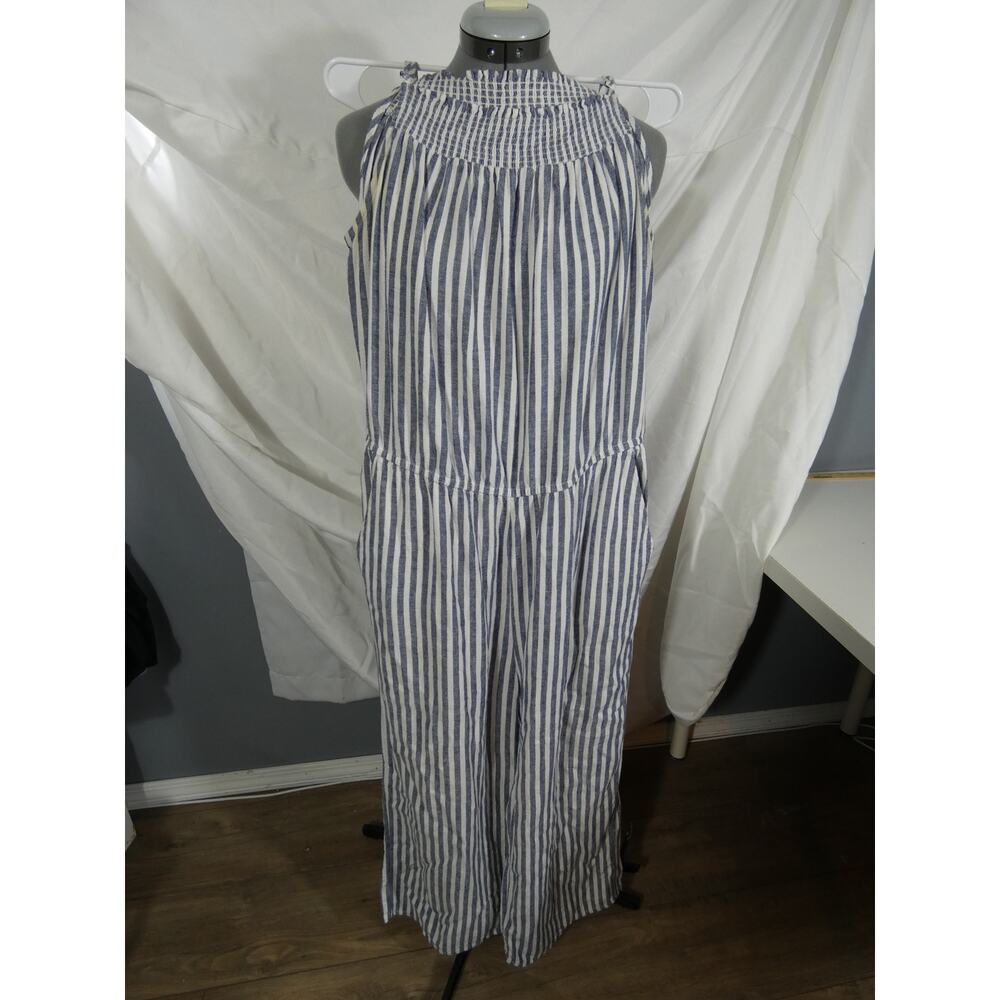Old Navy Women's Large Blue White Striped Linen Blend Strappy Wide Leg Coastal